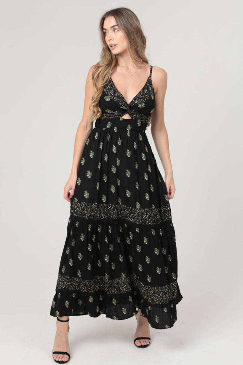 V Neck Spaghetti Strap Twist Front Maxi Dress