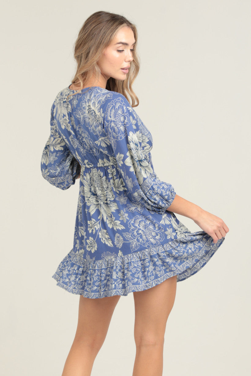 V Neck Balloon Sleeve Mini Dress