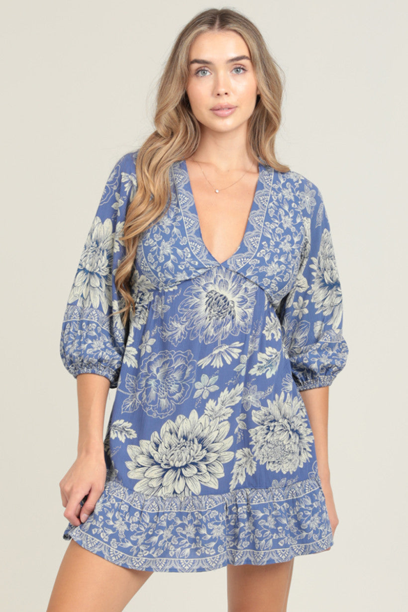 V Neck Balloon Sleeve Mini Dress