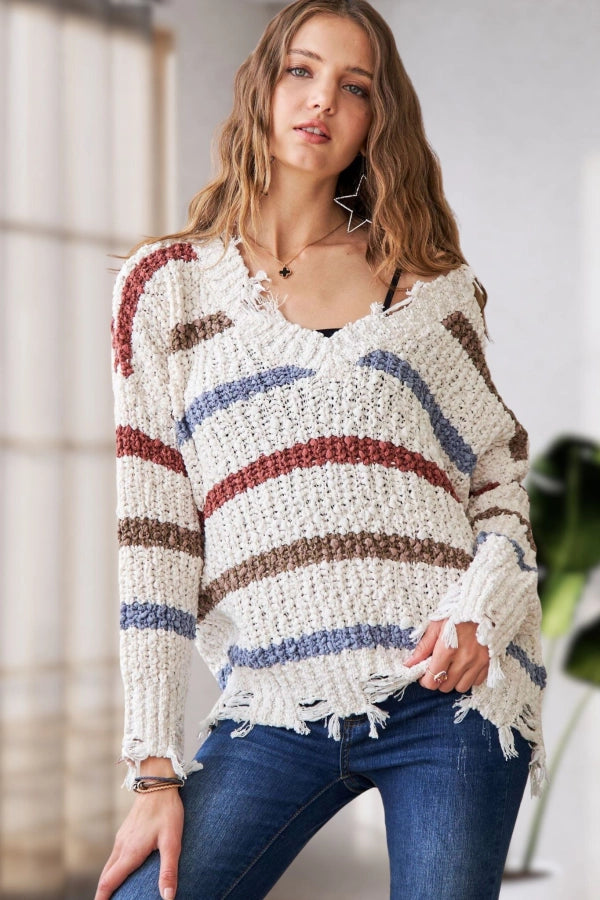 Multi Color Stripe Torn Sweater