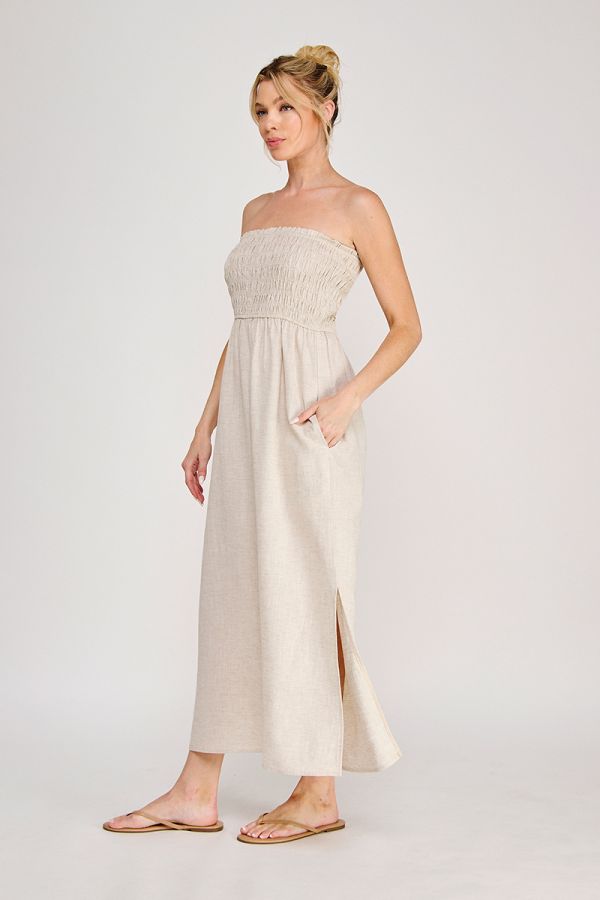 Linen Blend Smocked Bodice Maxi Dress