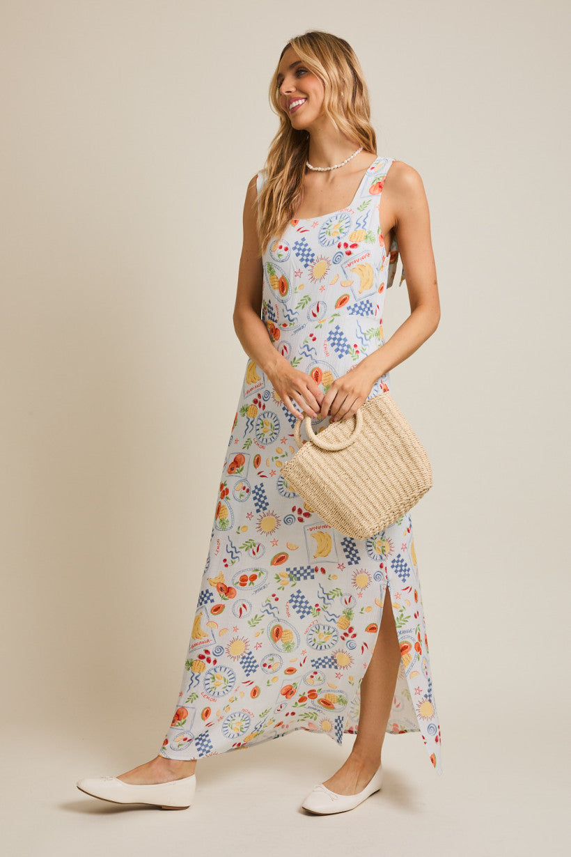 Square Neck Sleeveless Strap Tie Print Dress