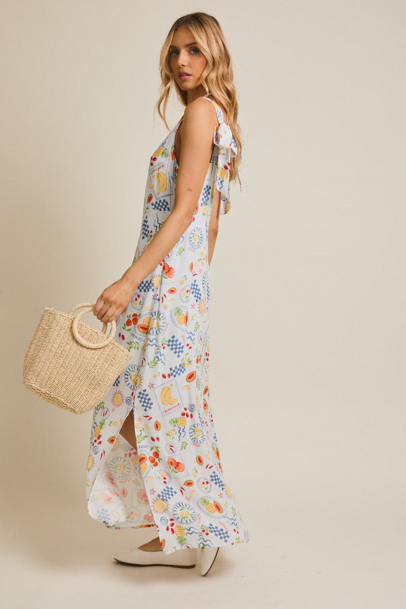 Square Neck Sleeveless Strap Tie Print Dress