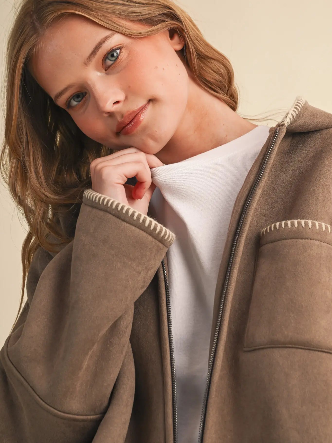 Suede Faux Sherpa Hooded Jacket with Contrast Blanket Stitch