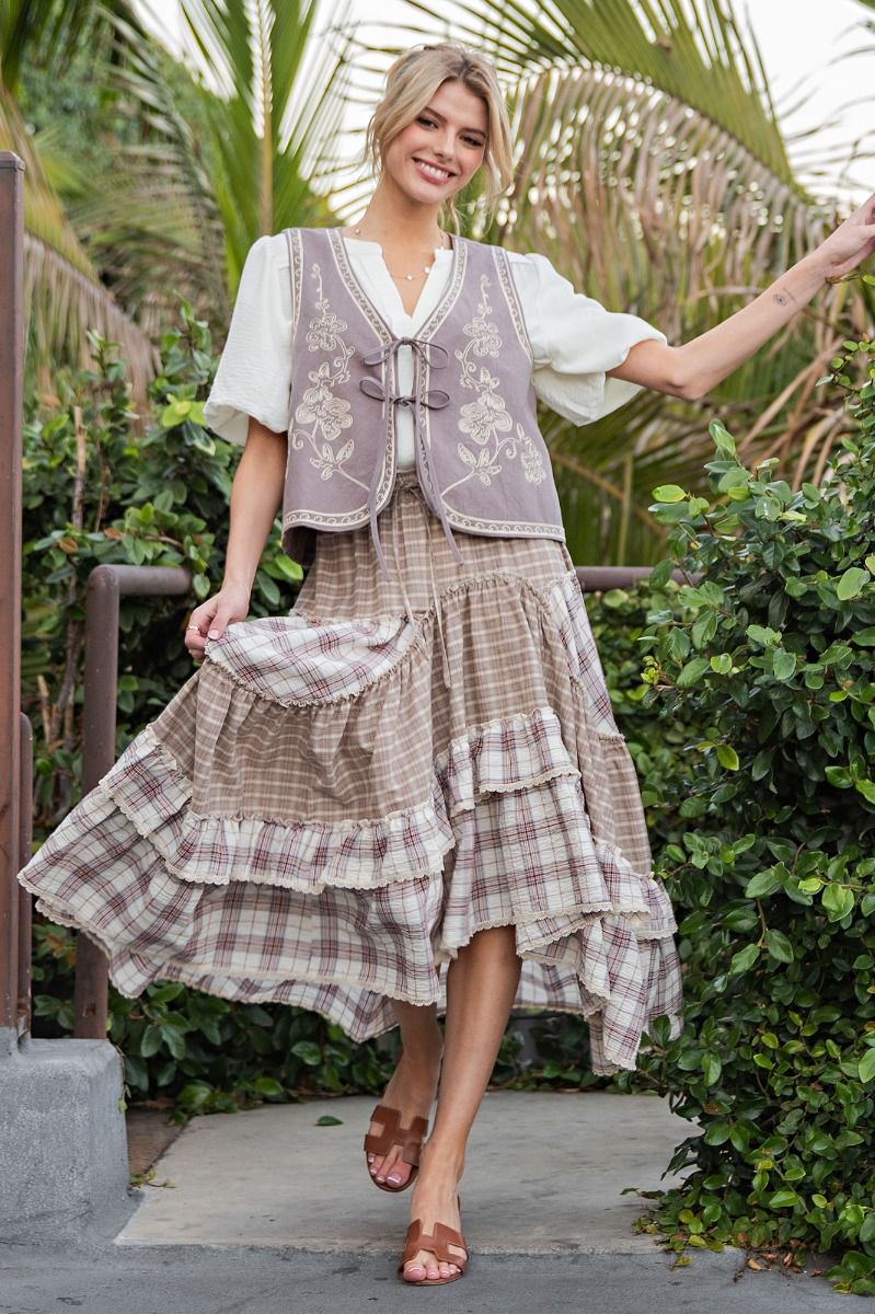 Plaid Mix Crochet Tape Ruffle Skirt