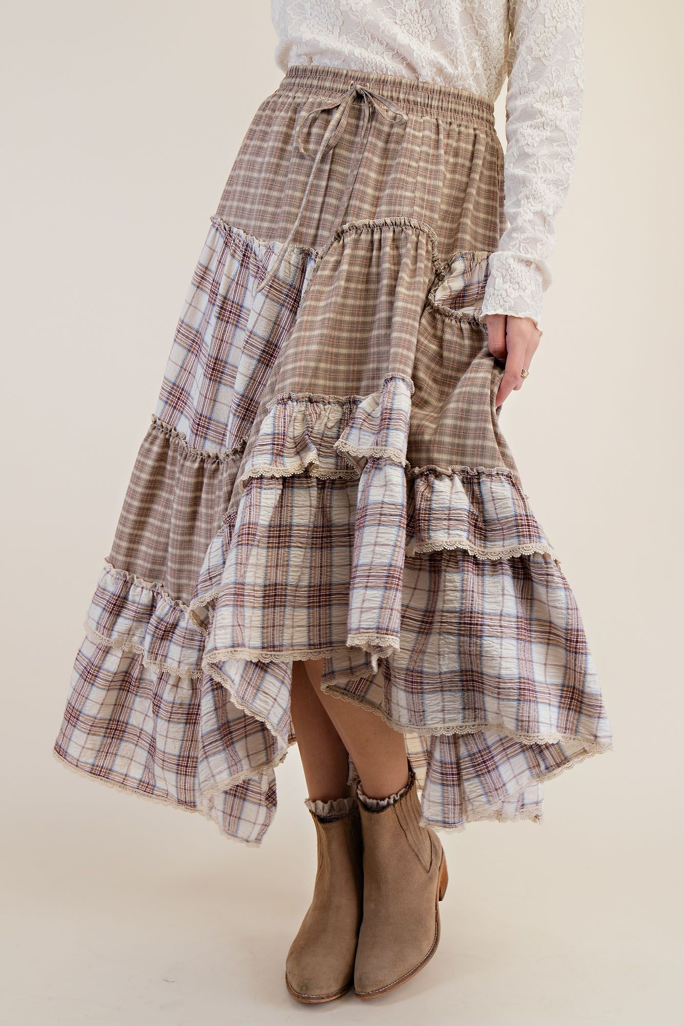 Plaid Mix Crochet Tape Ruffle Skirt
