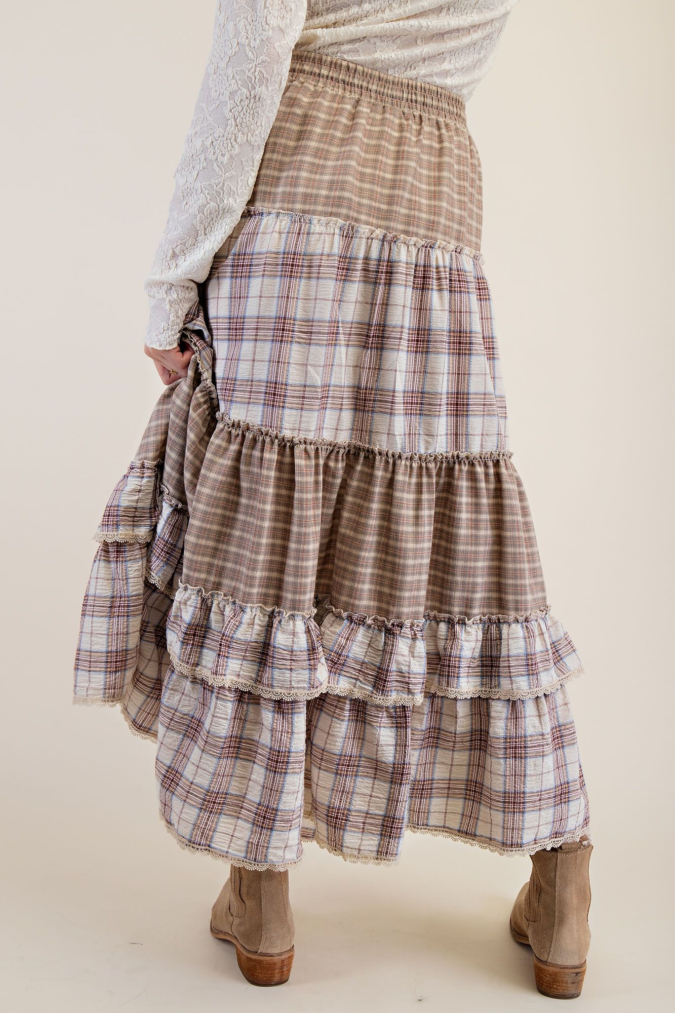 Plaid Mix Crochet Tape Ruffle Skirt