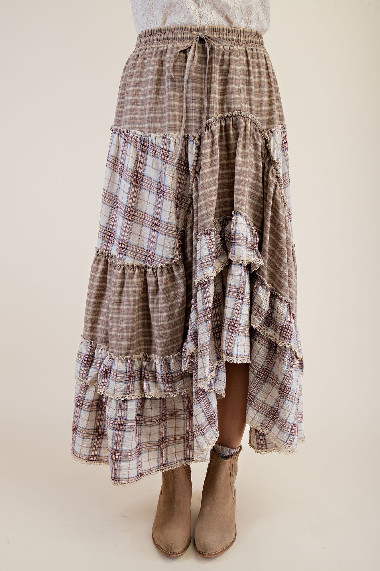 Plaid Mix Crochet Tape Ruffle Skirt