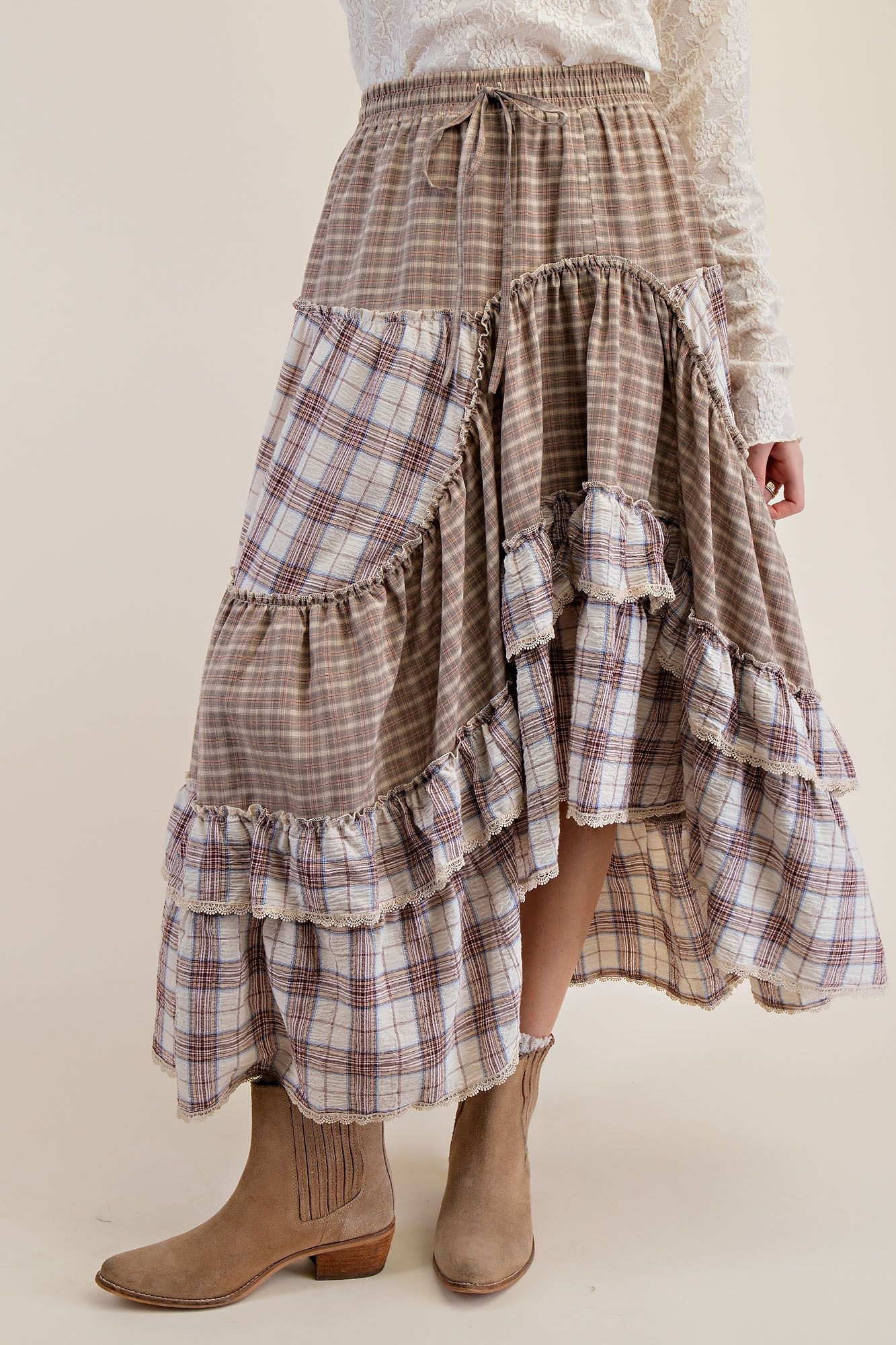 Plaid Mix Crochet Tape Ruffle Skirt