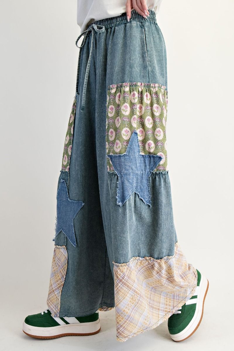 Washed Denim Patchwork Palazzo Pants