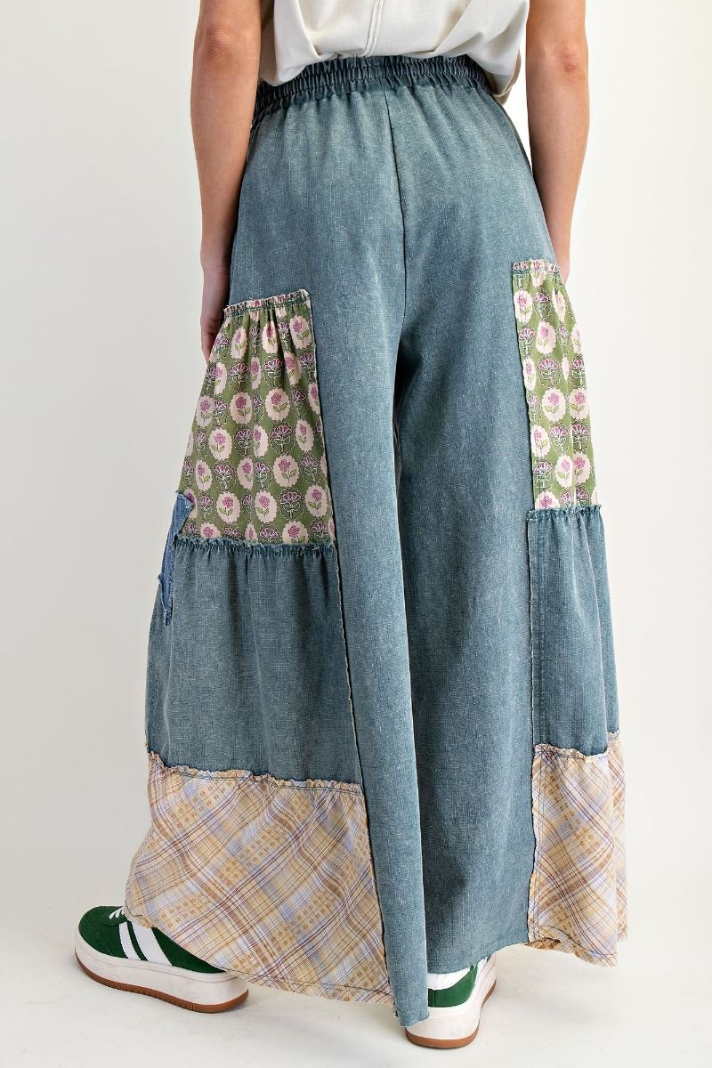 Washed Denim Patchwork Palazzo Pants