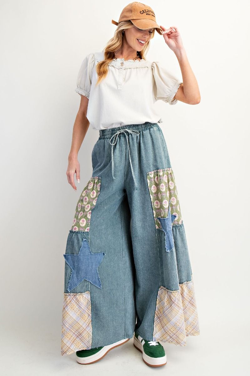 Washed Denim Patchwork Palazzo Pants