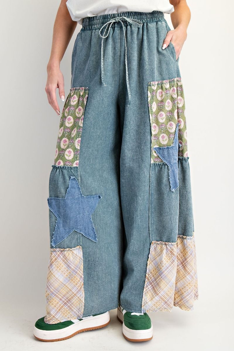 Washed Denim Patchwork Palazzo Pants