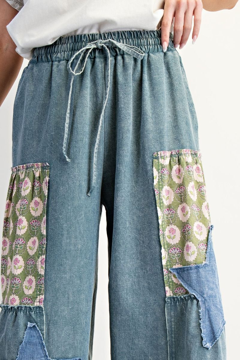 Washed Denim Patchwork Palazzo Pants