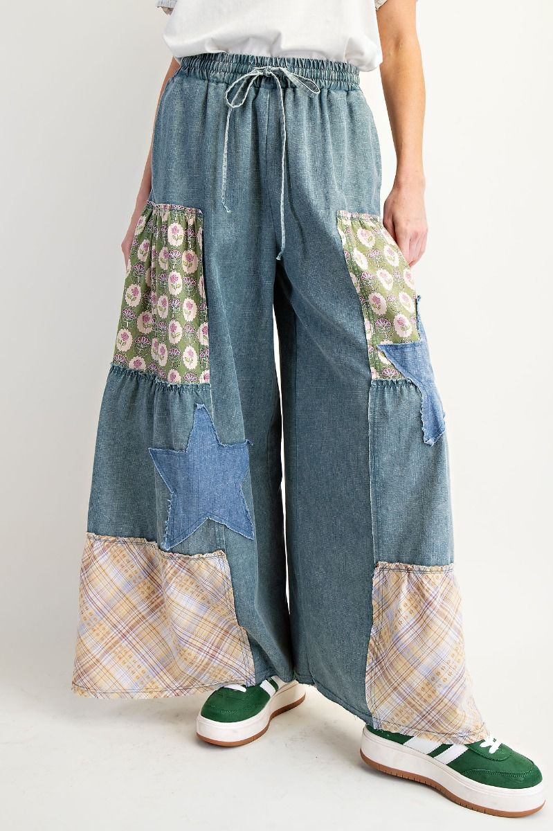 Washed Denim Patchwork Palazzo Pants