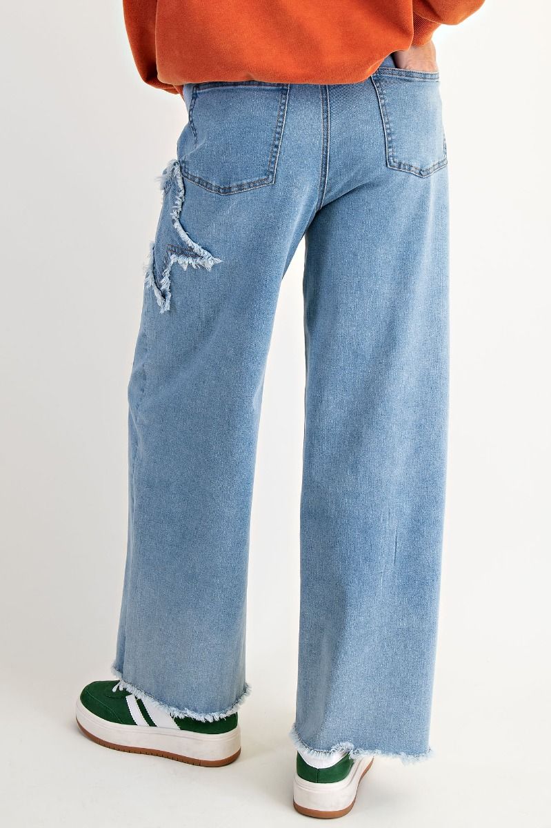 Star Patch Detailing Washed Strecth Denim Pants