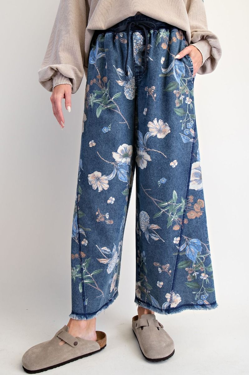 Floral Printed Washed Denim Pants