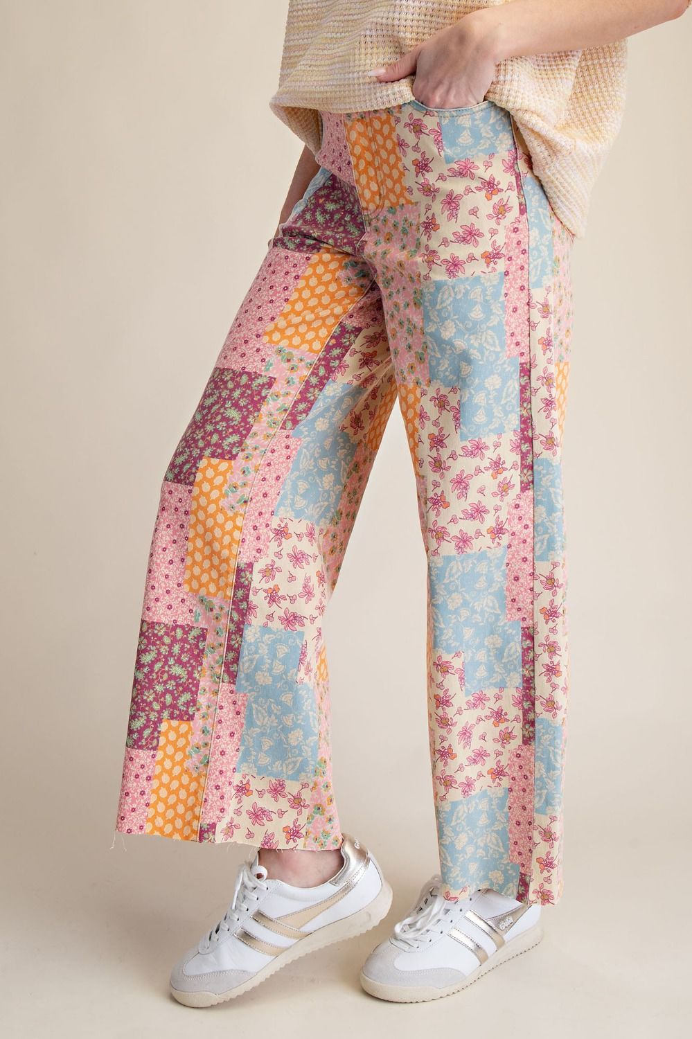 Patchwork Print Strecht Washed Twill Pants