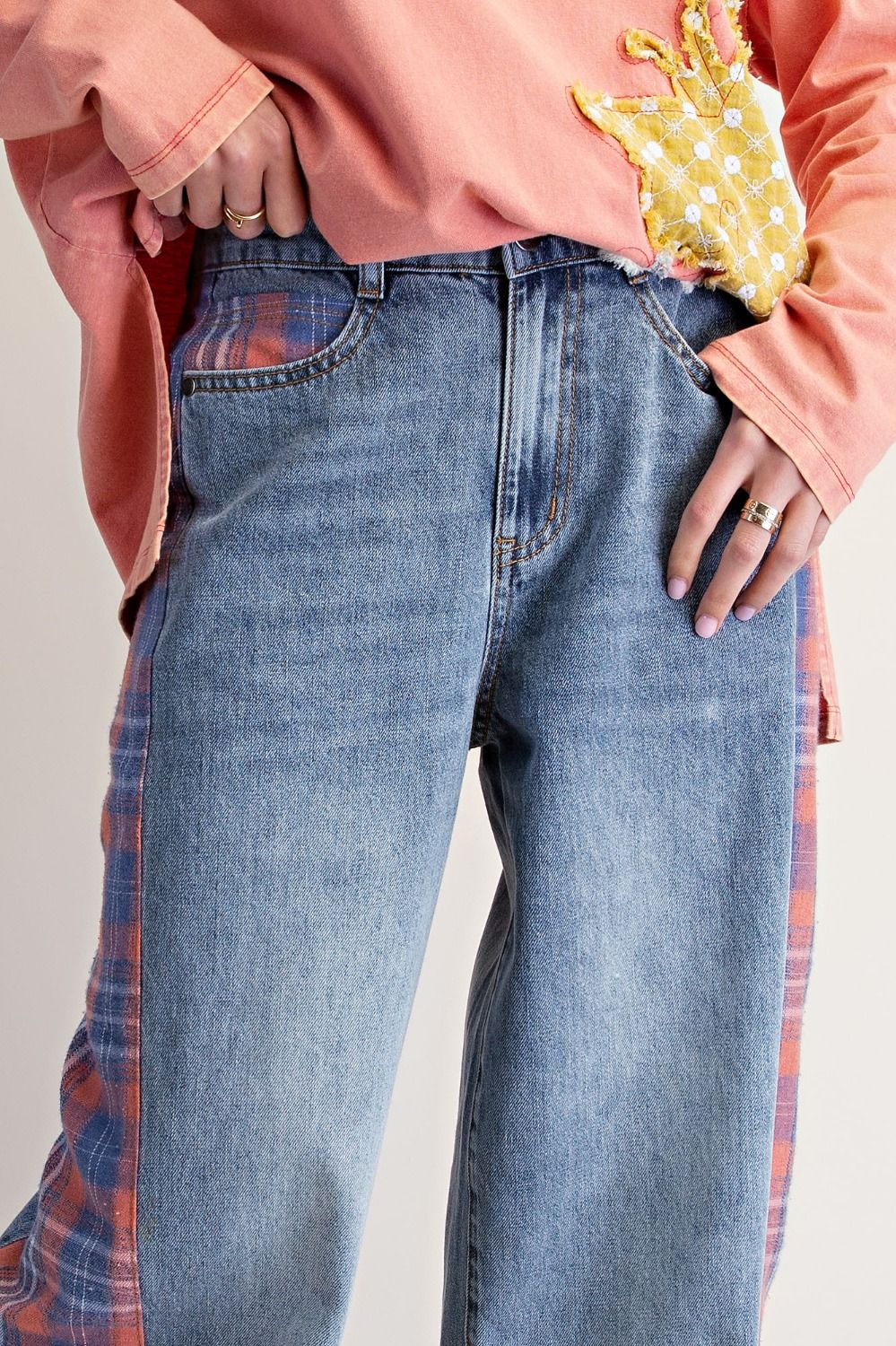 Plaid Mix Washed Denim Pants