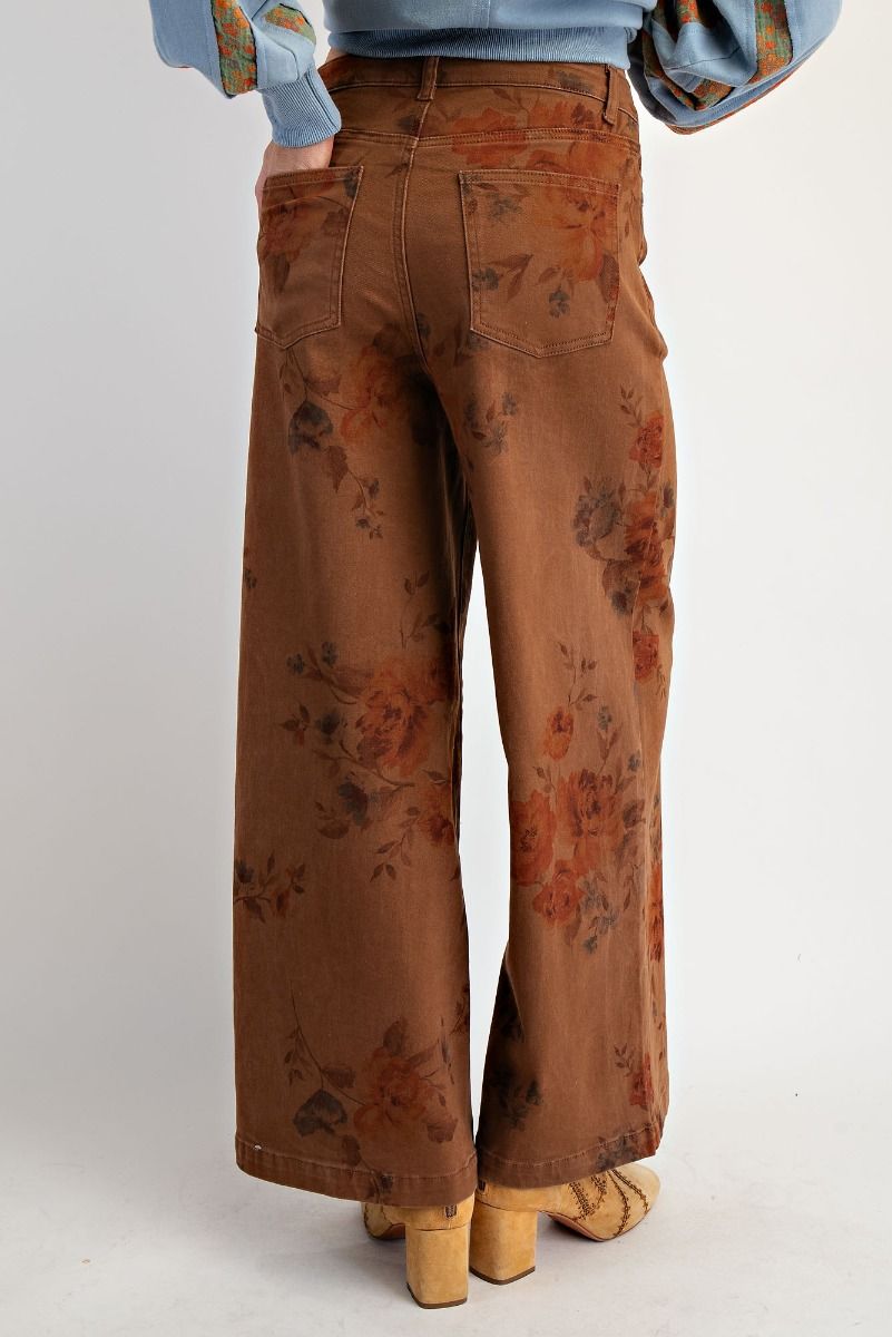Flower Print Strecth Washed Twill Pants