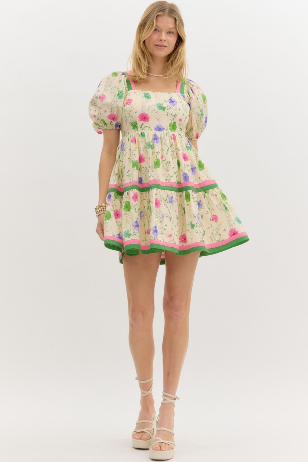Floral Print Short Bubble Sleeve High Empire Tiered Mini Dress Ecru / Medium Floral Print Short Bubble Sleeve High Empire Tiered Mini Dress Ecru / Medium