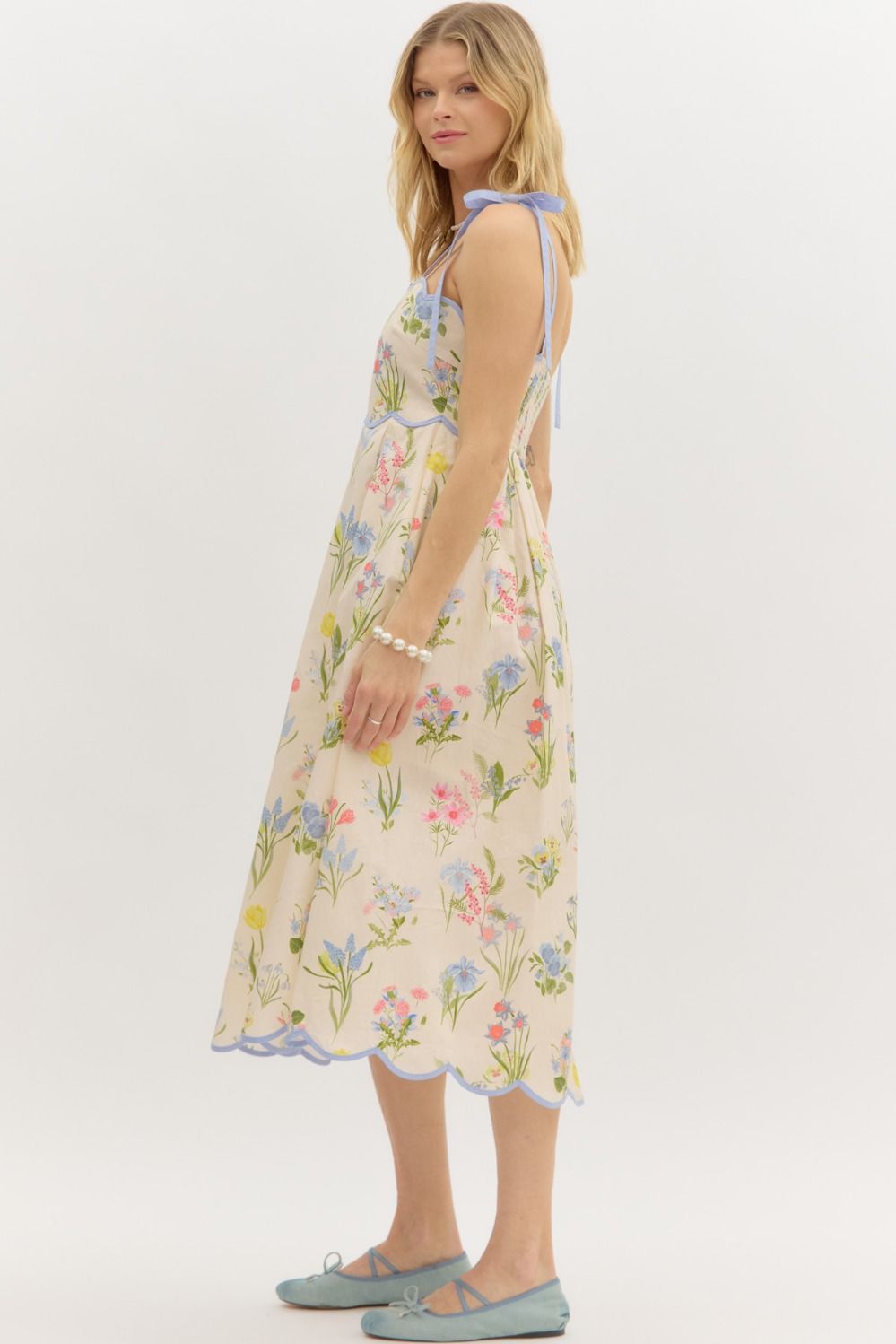 Floral Print Shoulder Tie Pullover Midi Dress