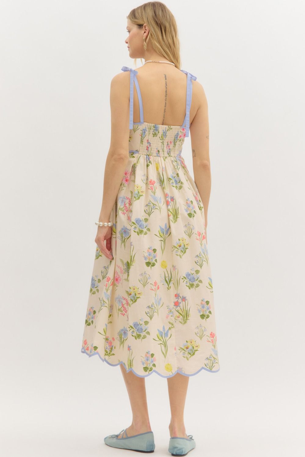 Floral Print Shoulder Tie Pullover Midi Dress