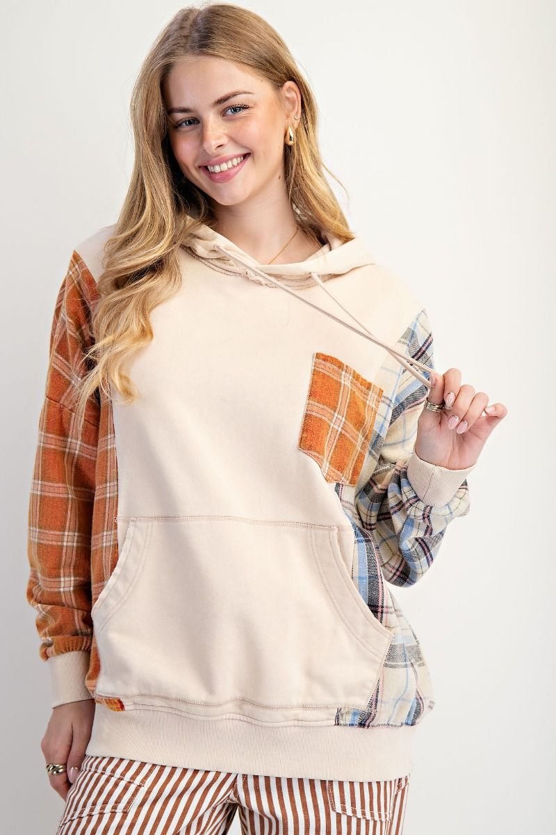 Plaid Mix Washed Terry Hoodie Pullover
