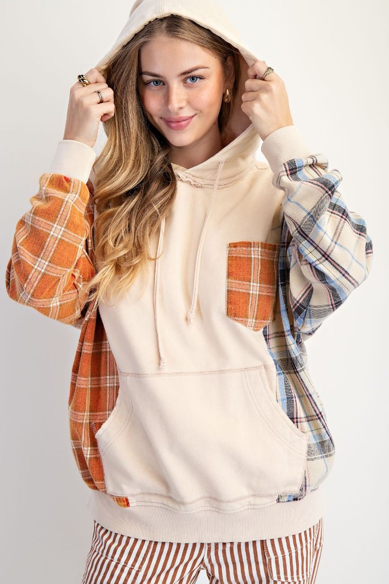 Plaid Mix Washed Terry Hoodie Pullover