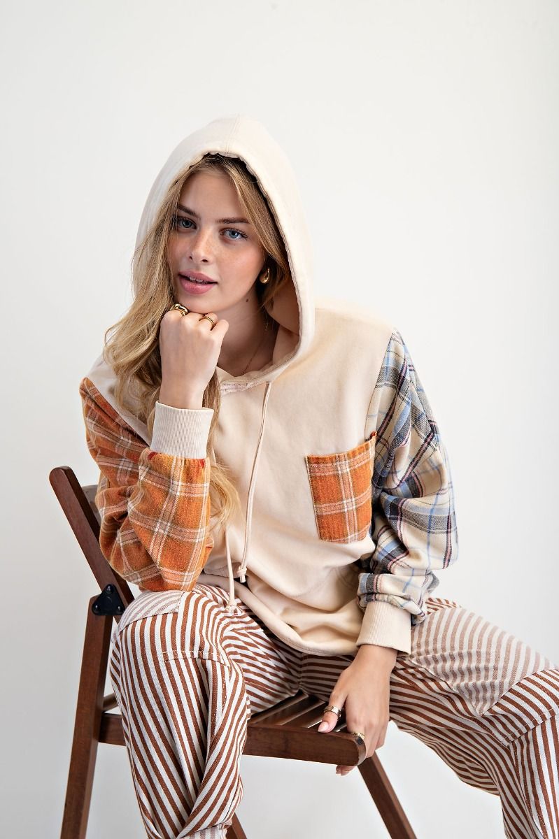 Plaid Mix Washed Terry Hoodie Pullover