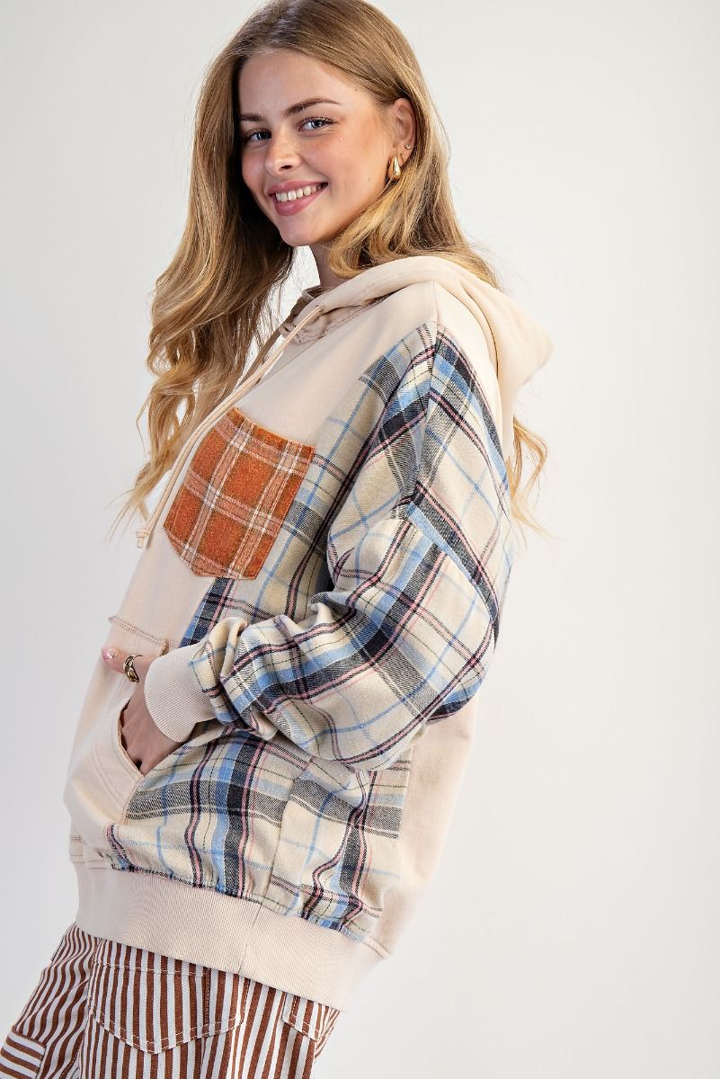 Plaid Mix Washed Terry Hoodie Pullover