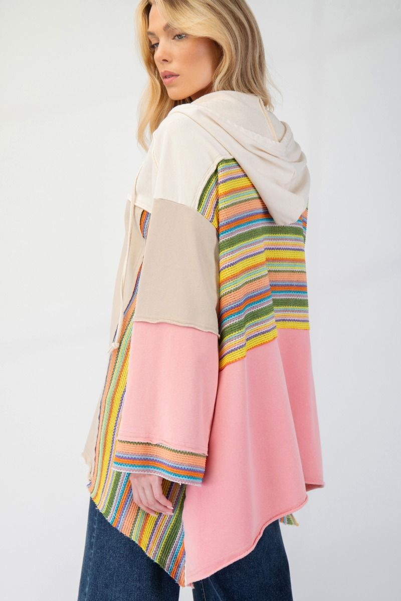 Color Block Multi Crochet Terry Knit Hoodie