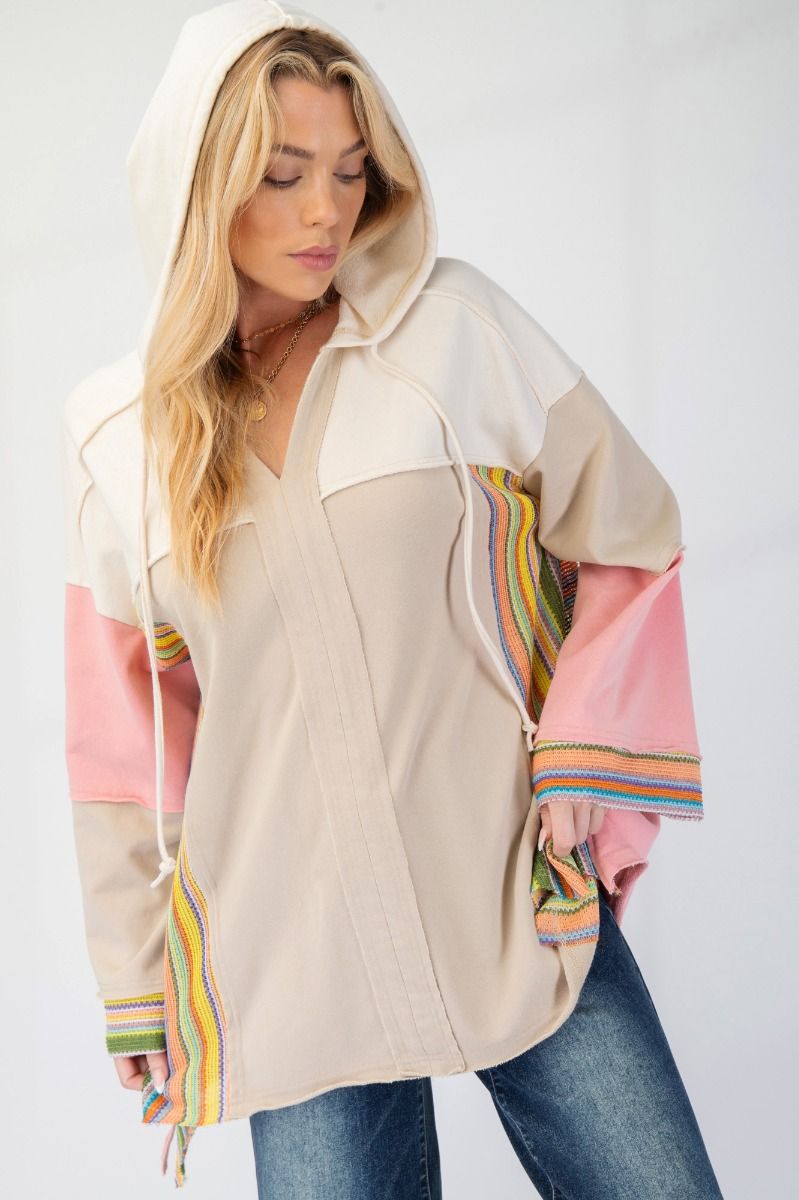 Color Block Multi Crochet Terry Knit Hoodie