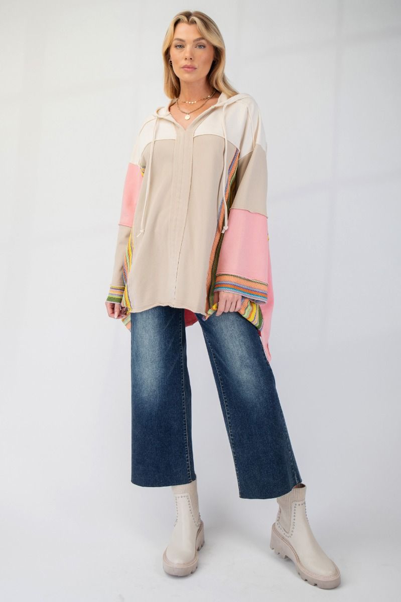 Color Block Multi Crochet Terry Knit Hoodie