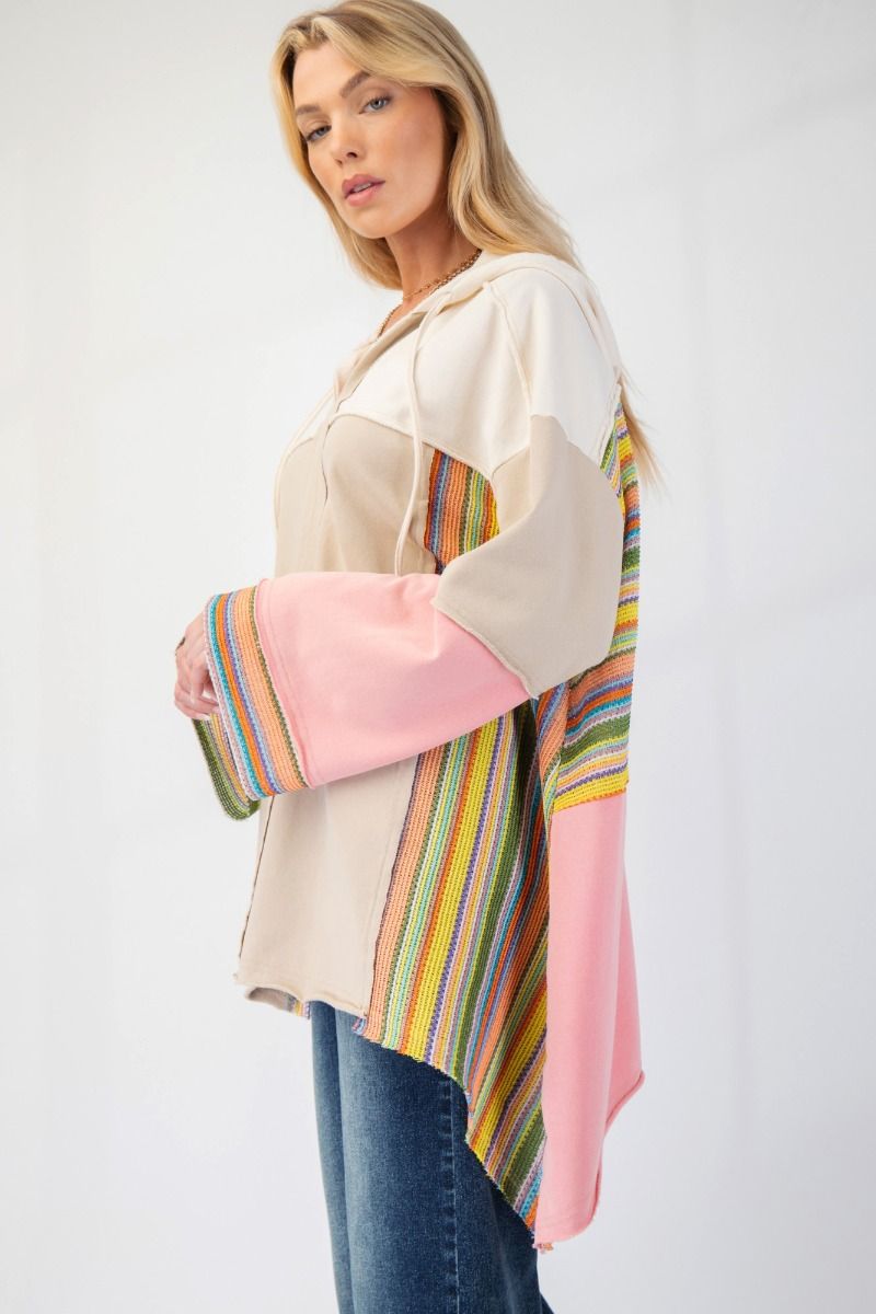 Color Block Multi Crochet Terry Knit Hoodie