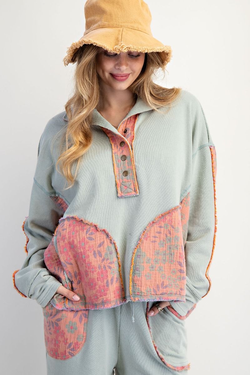 Floral Print Mock Neck Washed Terry Pullover