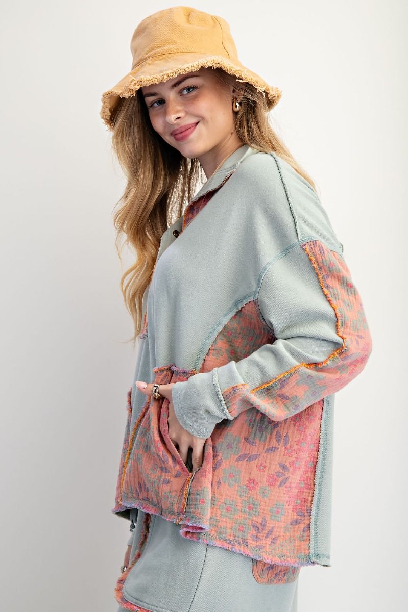 Floral Print Mock Neck Washed Terry Pullover