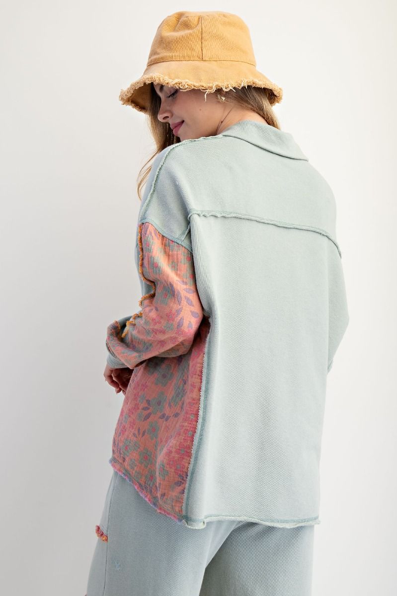 Floral Print Mock Neck Washed Terry Pullover