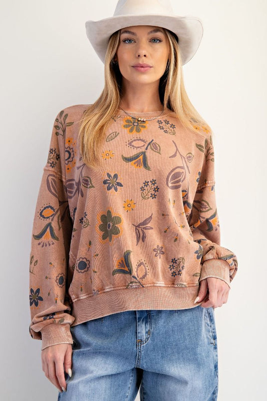 Floral Print Washed Terry Pullover