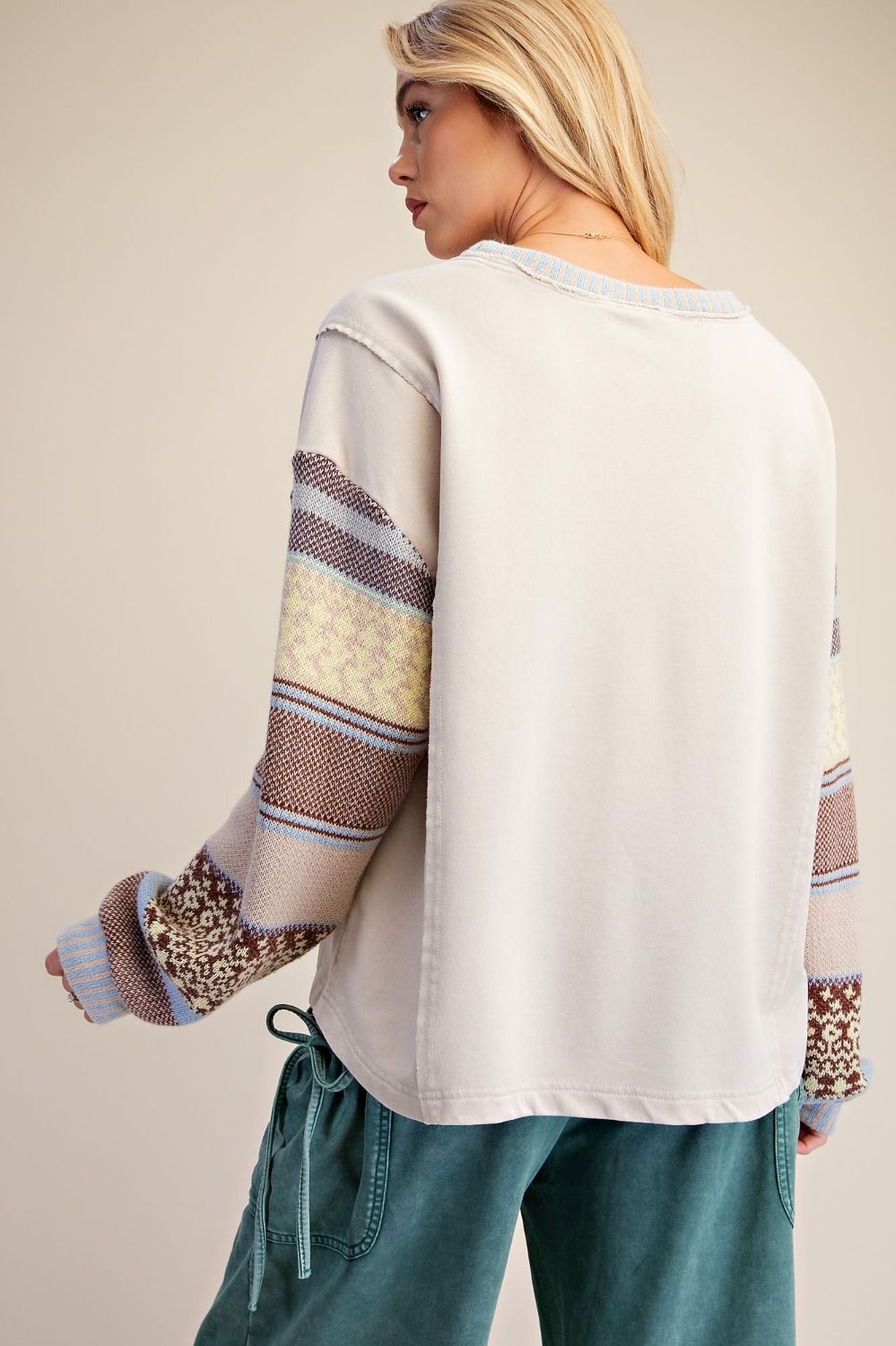 Multi Thread Knitted Long Sleeve Washed Terry Pullover