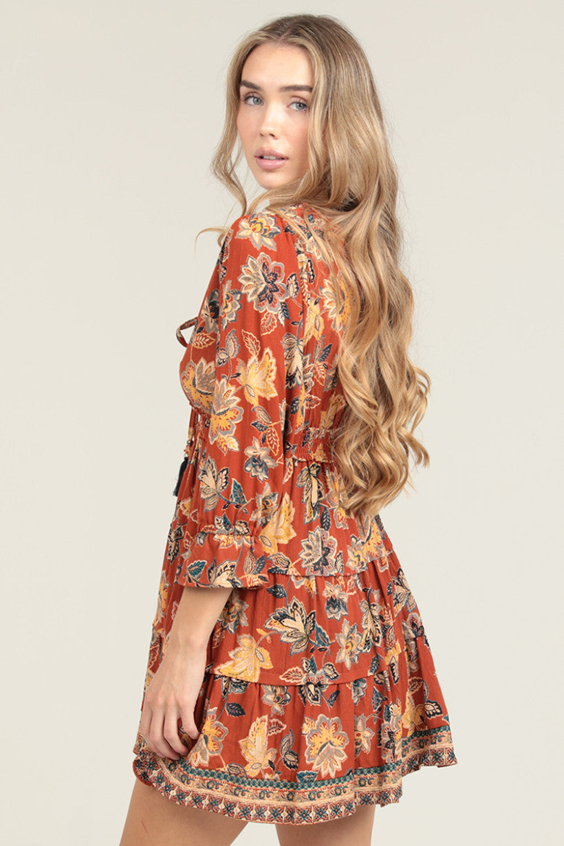 V Neck Tiered Skirt Mini Dress w/ Tassels