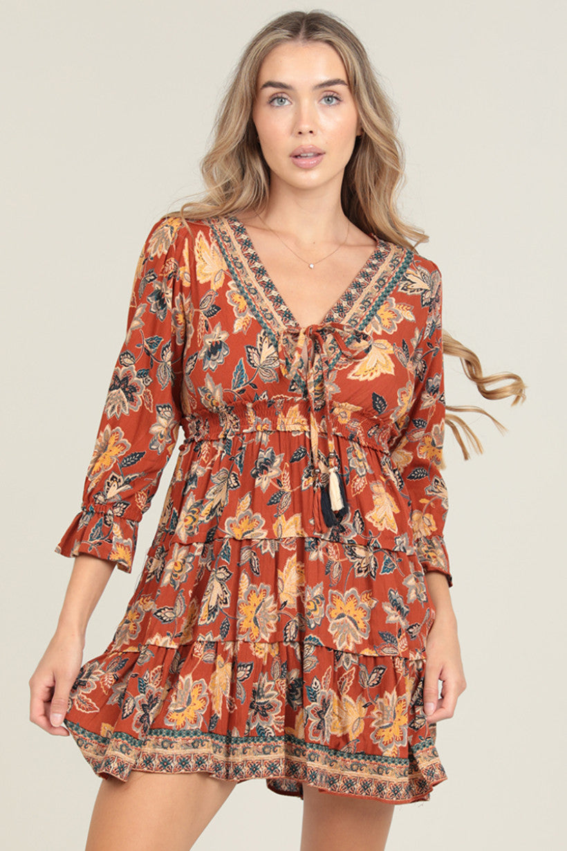 V Neck Tiered Skirt Mini Dress w/ Tassels