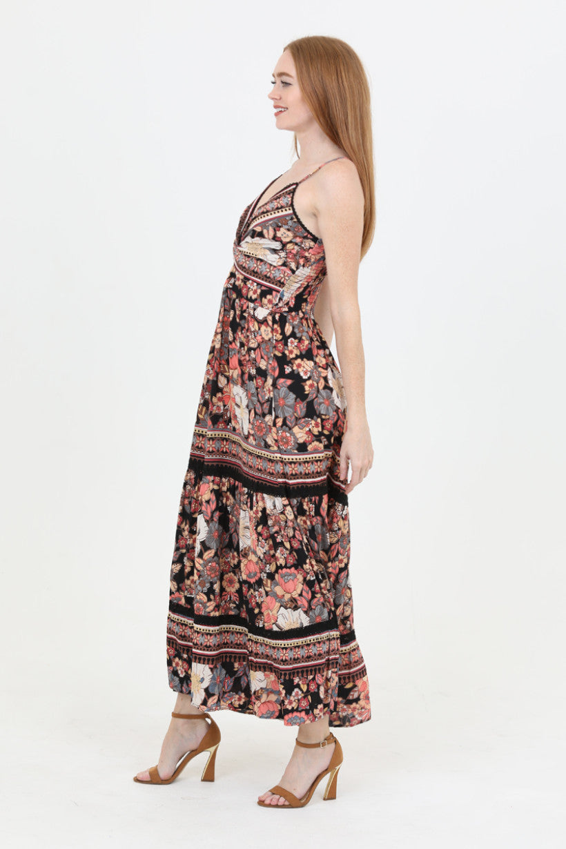 Spaghetti Strap Deep V-Neck Maxi Dress w/ Center Cutout