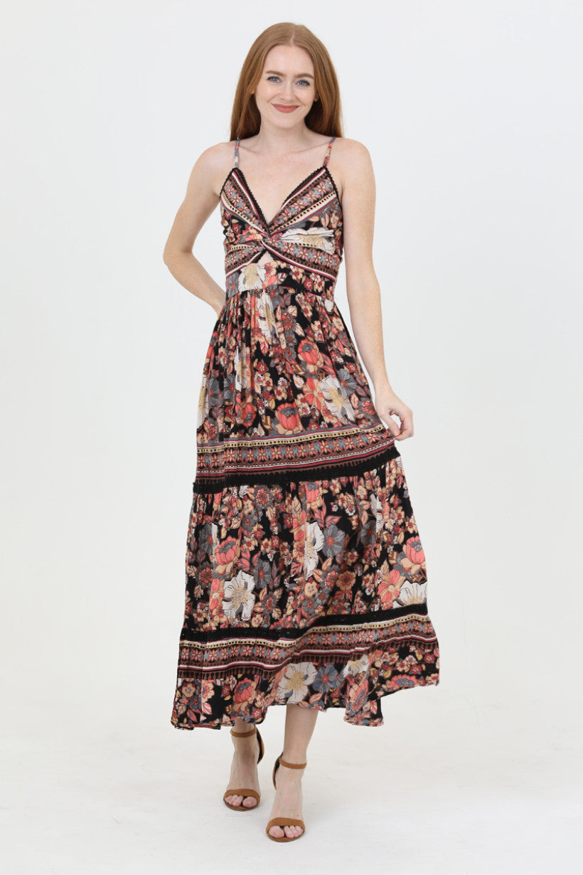 Spaghetti Strap Deep V-Neck Maxi Dress w/ Center Cutout