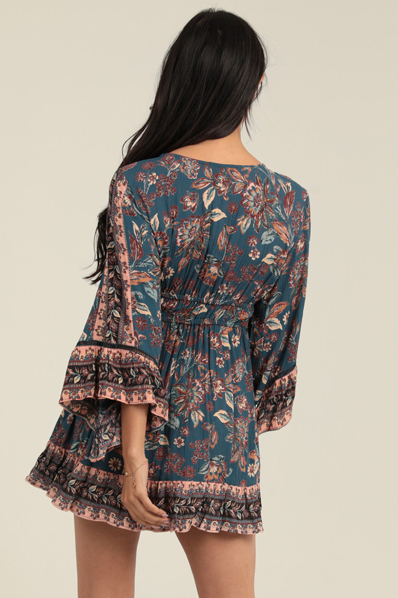 Deep V Neck Long Sleeve Knee Length Dress