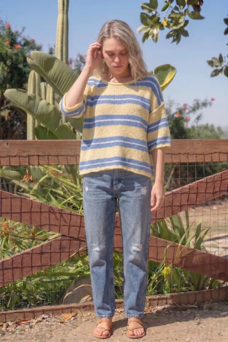 Crew Neck 3/4 Sleeve Knitted Striped Top