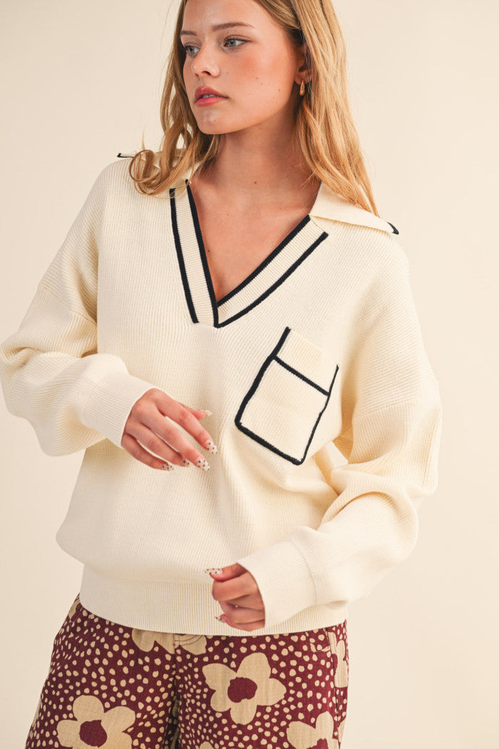 Ribbed Collared Pullover Sweater