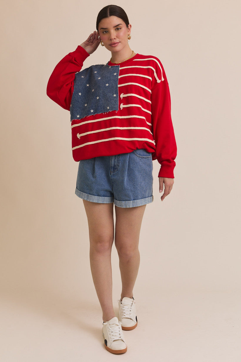 Crew Neck Long Sleeve USA Flag Novelty Sweatshirt