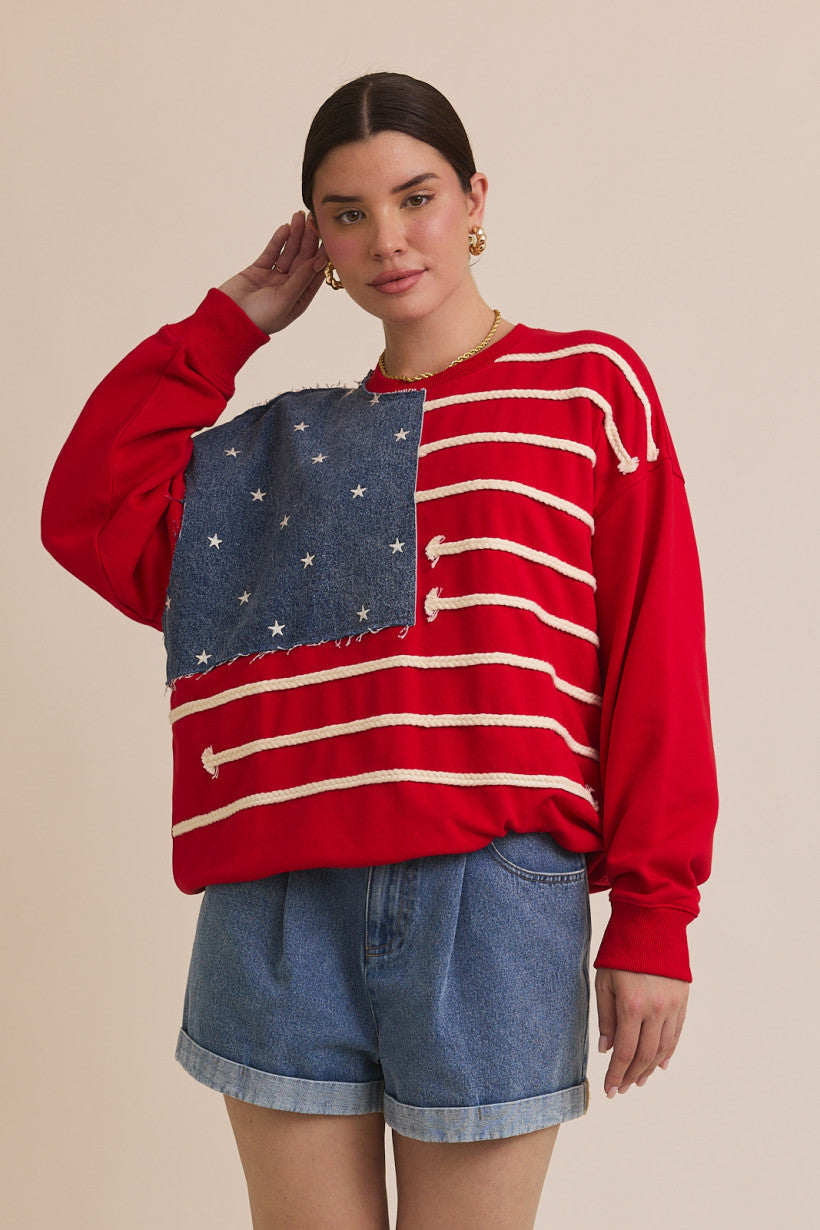 Crew Neck Long Sleeve USA Flag Novelty Sweatshirt