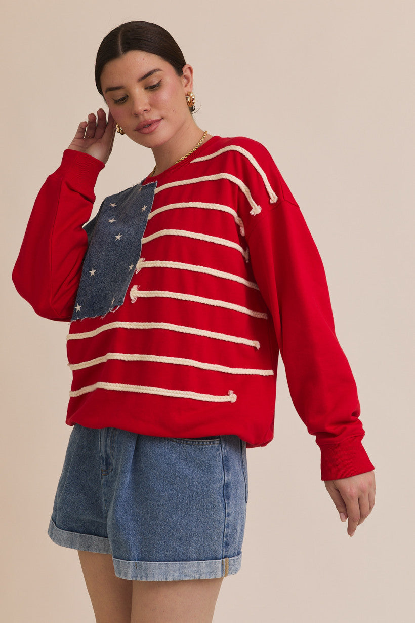 Crew Neck Long Sleeve USA Flag Novelty Sweatshirt